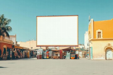 Blank Billboard in Vibrant City Square:  A large, blank billboard stands tall in a bustling city...