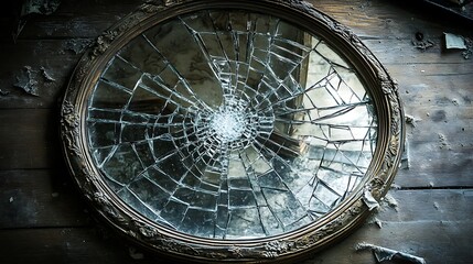 Shattered Antique Mirror Photo: Close-Up View of a Beautifully Cracked Reflection in an Abandoned Building. AI Generated