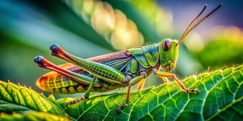 Candid Close-up of Grasshopper on Lush Green Leaf
