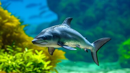 Obraz premium Underwater Scene with Dolphin Swimming in Vibrant Coral Reef