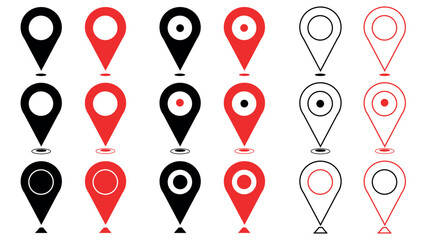 Location pointer icon symbol on white background, set of map point on white background, tag of destination in travel and road, sign of navigation, map marker in different shapes, GPS location symbols