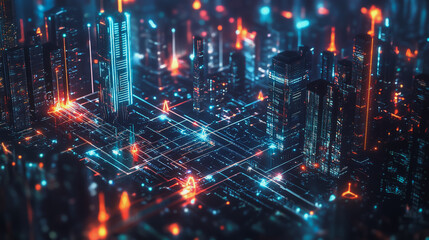 Obraz premium Smart digital Innovation city with connection network reciprocity over the cityscape. of future smart wireless city and social media networking systems that connects business people with in city