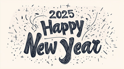 Minimalist Hand-Written Eugellyca Caligraphic "2025 Happy New Year" Logo Background, Black, White, Khaki, and Pastel Color Scheme with Geometrical Lines, Minimalist Designs, and Ikea-Inspired Style.