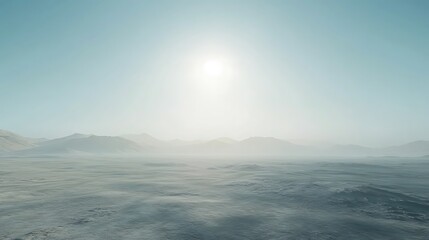 Fototapeta premium Stunning Wide Shot Photo: Bright Sun Glares Over a Mysteriously Hazy, Cold Winter Landscape. AI Generated