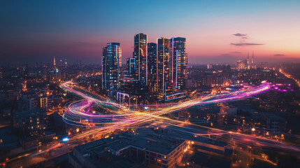 Smart digital Innovation city with connection network reciprocity over the cityscape. of future smart wireless city and social media networking systems that connects business people with in city