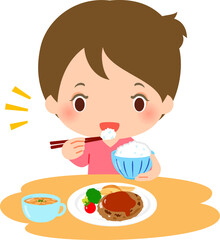 ハンバーグがメインの洋食を食べる女性