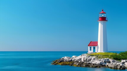 Scenic Lighthouse by the Calm Ocean Under Clear Blue Sky