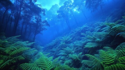 A serene forest scene with lush ferns and misty trees, evoking tranquility and nature's beauty.