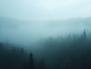 Fototapeta premium Panoramic view of a misty mountain landscape enveloped in morning fog, with a fir forest stretching into the distance. A fleeting, ethereal atmosphere fills the mist-shrouded woods, evoking a vintage 