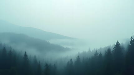 Obraz premium Panoramic view of a misty mountain landscape enveloped in morning fog, with a fir forest stretching into the distance. A fleeting, ethereal atmosphere fills the mist-shrouded woods, evoking a vintage 