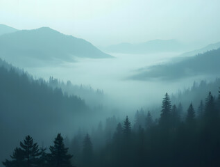 Panoramic view of a misty mountain landscape enveloped in morning fog, with a fir forest stretching into the distance. A fleeting, ethereal atmosphere fills the mist-shrouded woods, evoking a vintage 