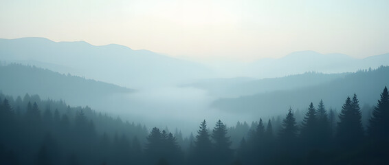 Fototapeta premium Panoramic view of a misty mountain landscape enveloped in morning fog, with a fir forest stretching into the distance. A fleeting, ethereal atmosphere fills the mist-shrouded woods, evoking a vintage 