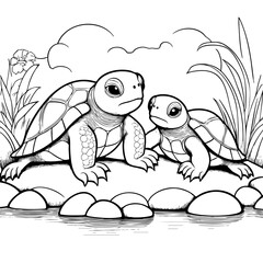 printable coloring pages of two turtles sitting on bank of river, this is ideal outline coloring pages for kindergarten printable