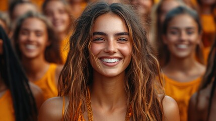 Fototapeta premium A smiling young woman in a group of people wearing orange shirts, conveying joy and unity.