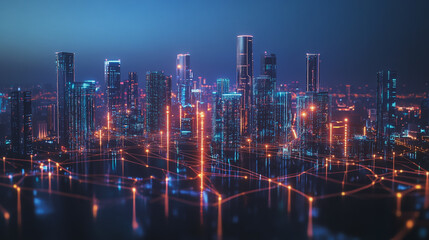 Obraz premium Smart digital Innovation city with connection network reciprocity over the cityscape. of future smart wireless city and social media networking systems that connects business people with in city