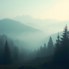 Panoramic view of a misty mountain landscape enveloped in morning fog, with a fir forest stretching into the distance. A fleeting, ethereal atmosphere fills the mist-shrouded woods, evoking a vintage 