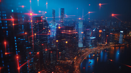 Obraz premium Smart digital Innovation city with connection network reciprocity over the cityscape. of future smart wireless city and social media networking systems that connects business people with in city