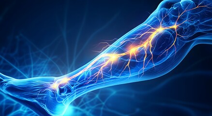 Holographic digital illustration of leg muscles and veins. Simple solutions and digital medical treatment ideas for complex vitamin deficiency problems.