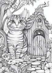 Naklejka premium Fantasy Cat House Coloring Pages