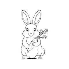Obraz premium Cute Black and White Line Art Rabbit Holding a Carrot