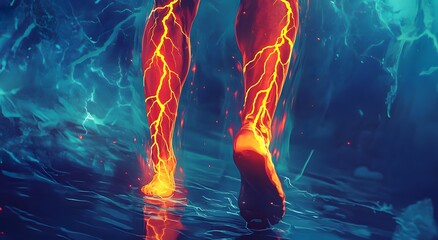 Holographic digital illustration of leg muscles and veins. Simple solutions and digital medical treatment ideas for complex vitamin deficiency problems.