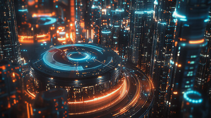 Smart digital Innovation city with connection network reciprocity over the cityscape. of future smart wireless city and social media networking systems that connects business people with in city