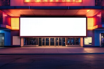 Blank Billboard on Theater Building at Night 
