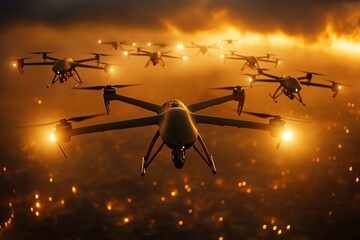 Military drones flying over city at sunset
