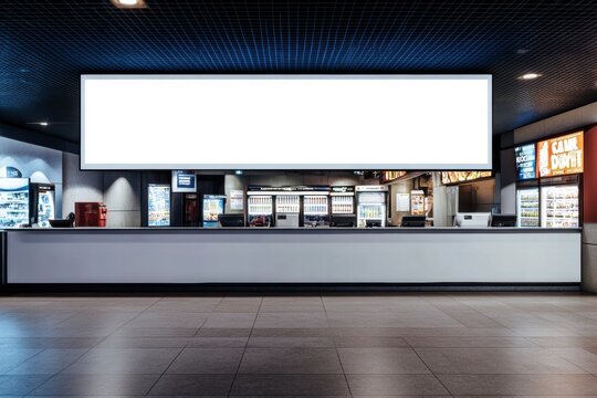 Blank Billboard Above Concessions: A wide shot of a modern, brightly lit concession stand with a large blank billboard above, perfect for showcasing your brand or message.