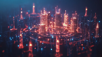 Fototapeta premium Smart digital Innovation city with connection network reciprocity over the cityscape. of future smart wireless city and social media networking systems that connects business people with in city