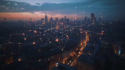 Fototapeta premium Smart digital Innovation city with connection network reciprocity over the cityscape. of future smart wireless digital city and social media networking systems that connects people with in city