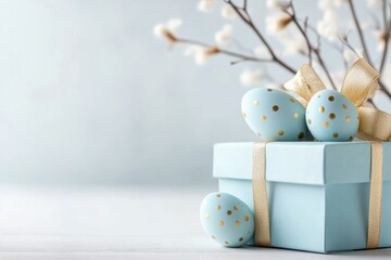 Embrace Easters serenity with a pastel blue gift box tied with a ribbon, surrounded by decorative eggs and blossoms. This scene captures springs renewal and invites everyone to celebrate life