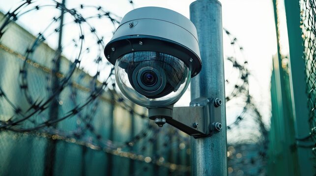 High-Security Surveillance Camera on Fence with Barbed Wire in Urban Setting Capturing Safety and Monitoring