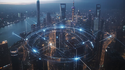 Smart digital Innovation city with connection network reciprocity over the cityscape. of future smart wireless digital city and social media networking systems that connects people with in city