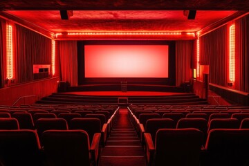 Fototapeta premium Empty Seats, Red Lights: A nostalgic glimpse into a vintage cinema, capturing the anticipation of a film about to begin. The red lighting casts a warm glow on the rows of empty seats.