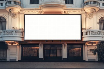Blank Billboard Mockup: A blank billboard mockup on a classic building facade, illuminated by warm street lights, presents the perfect canvas for your brand message. With a pristine white background.