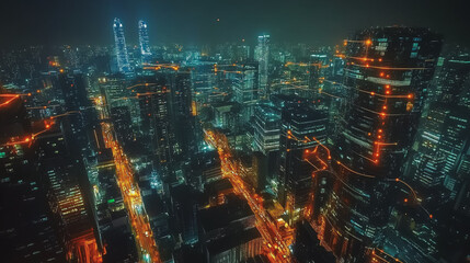 Fototapeta premium Smart digital Innovation city with connection network reciprocity over the cityscape. of future smart wireless digital city and social media networking systems that connects people with in city