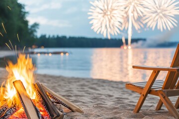 A cozy beach scene featuring a campfire and fireworks illuminating the night sky over a calm lake, creating a festive atmosphere.