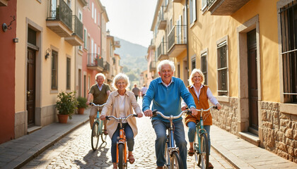 Group of seniors cycling through a colorful city street