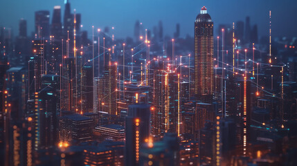 Fototapeta premium Smart digital Innovation city with connection network reciprocity over the cityscape. of future smart wireless digital city and social media networking systems that connects people with in city