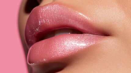 A detailed close-up of glossy pink lips with sparkling shine, highlighting softness and beauty against a pastel pink background.
