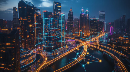 Fototapeta premium Smart digital Innovation city with connection network reciprocity over the cityscape. of future smart wireless digital city and social media networking systems that connects people with in city