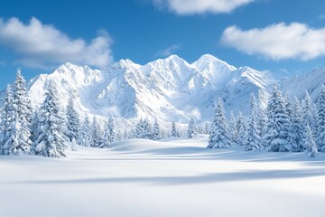Obraz premium A serene winter landscape featuring snow-covered mountains and evergreen trees under a bright blue sky with fluffy clouds.