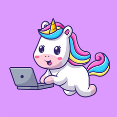 Cute Unicorn Working On Laptop Cartoon Vector Icon 
Illustration. Animal Technology Icon Concept Isolated 
Premium Vector. Flat Cartoon Style 