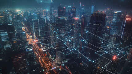 Smart digital Innovation city with connection network reciprocity over the cityscape. of future smart wireless digital city and social media networking systems that connects people with in city