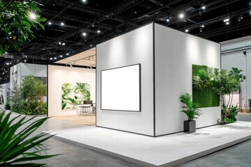 Modern Trade Show Booth: A sleek and stylish trade show booth with a blank canvas for your brand showcasing a blank screen for branding and a verdant backdrop of plants.  