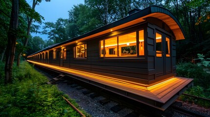 Obraz premium Stylish Modern Train Cabin Surrounded by Lush Green Forest