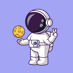 Cute Astronaut Playing Moon Ball With Peace Hand Cartoon 
Vector Icon Illustration. Science Sport Icon Concept Isolated 
Premium Vector. Flat Cartoon Style 