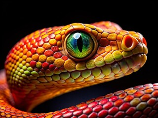 Fototapeta premium Close-up Snake Eyes Defensive Posture Black Background Stock Photo