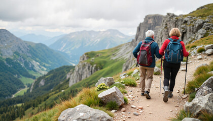 Senior couple hiking a mountain trail surrounded by peaks
